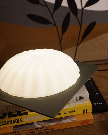 Kueh Tutu lamp resting on a stack of books, with a fan remote and a felt painting in the background