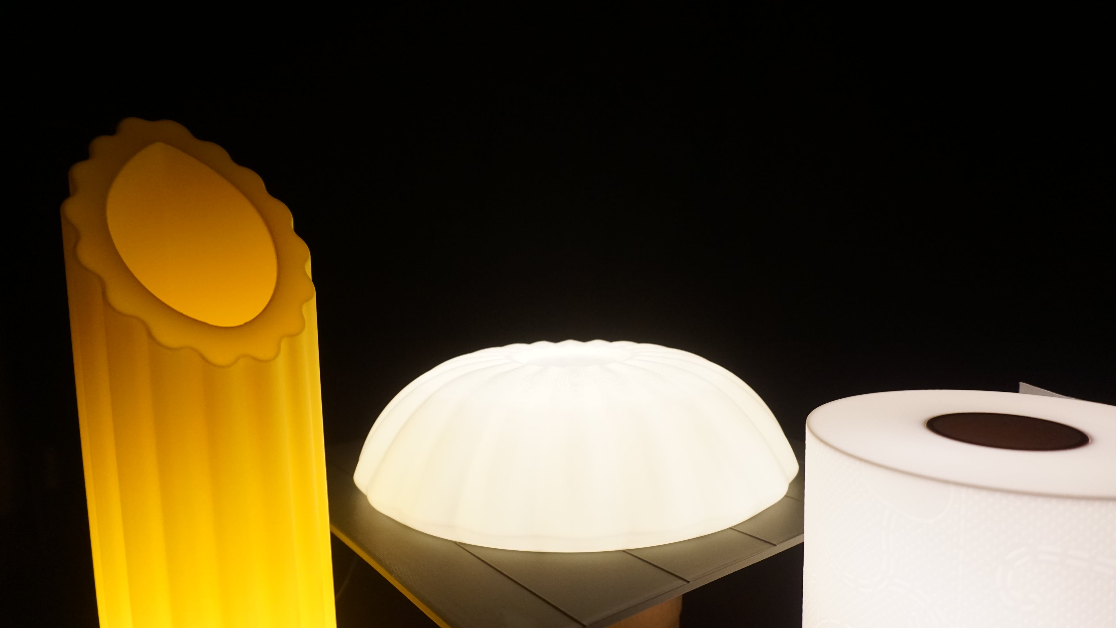 Banner photo of penne pasta lamp, kueh tutu lamp and toilet paper lamp together