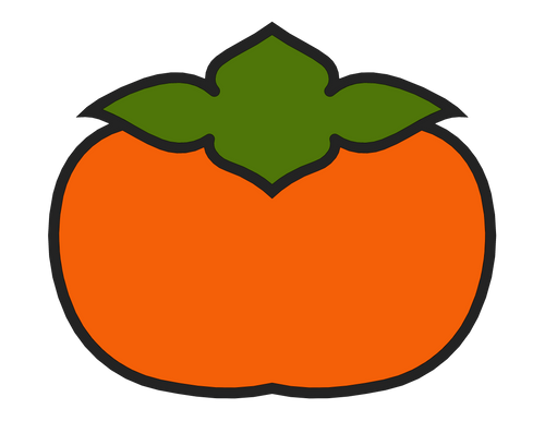 PERSIMMON logo, a simple stylized persimmon fruit with a green leaf, orange body, and black outline