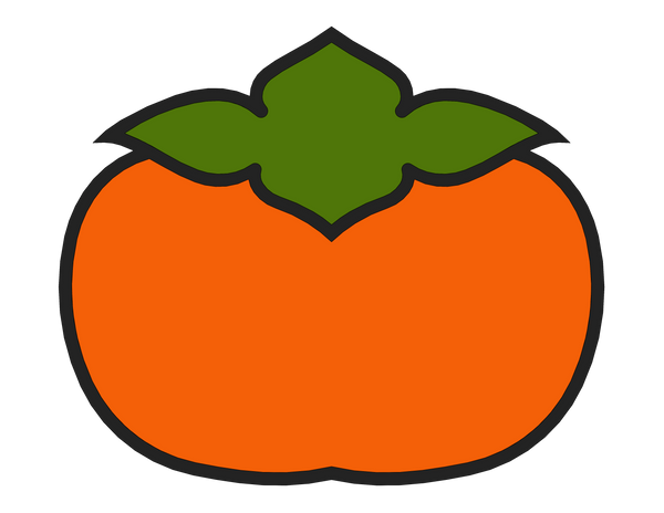 PERSIMMON logo, a simple stylized persimmon fruit with a green leaf, orange body, and black outline
