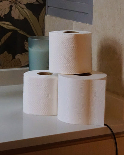 Unlit toilet paper lamp in bright daylight, creatively placed next to and stacked on real toilet paper rolls for thematic styling
