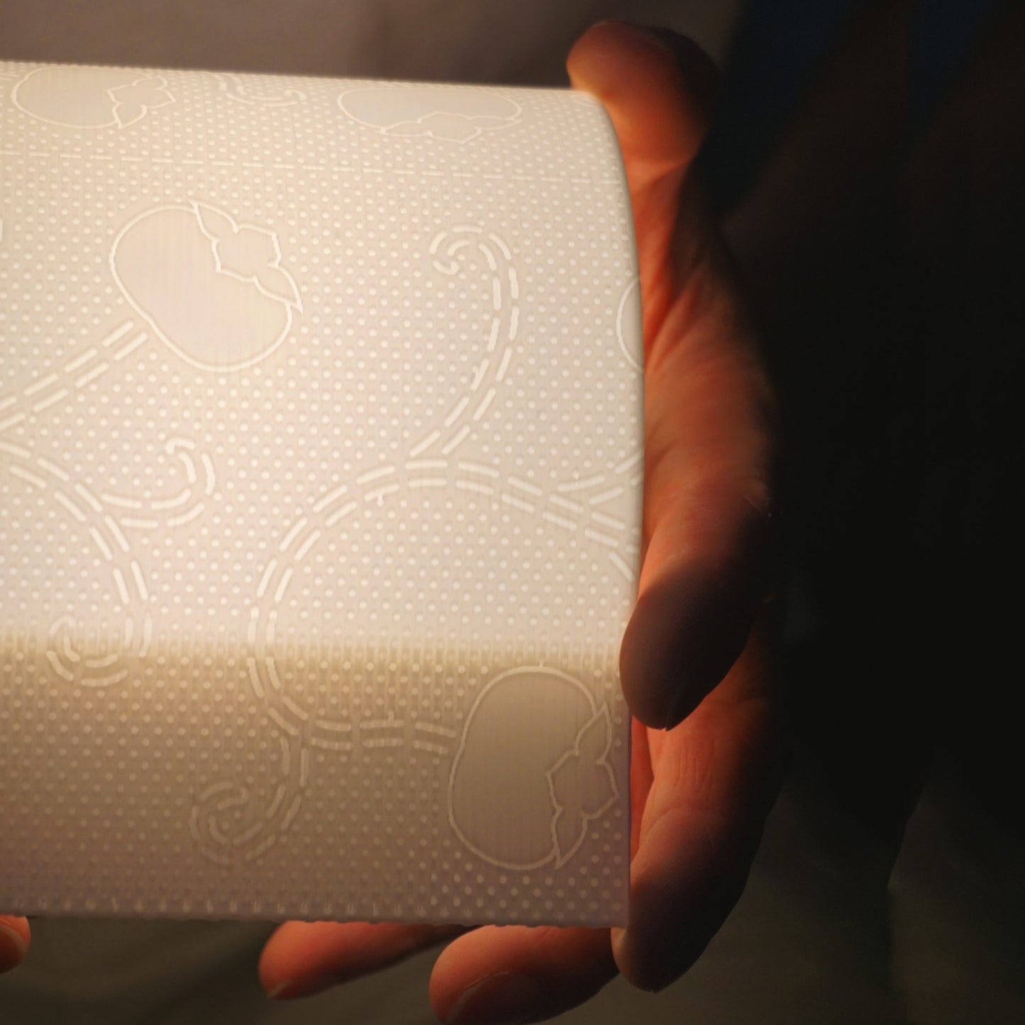 Illuminated toilet paper lamp held horizontally, showing its full side profile and casting a gentle, uniform glow